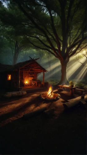 evening atmosphere,campsite,campfire,campfires,house in the forest,druid grove,japanese shrine,ryokan,home landscape,log cabin,wooden hut,night scene,landscape background,log fire,fantasy picture,log home,forest landscape,summer cottage,visual effect lighting,the cabin in the mountains
