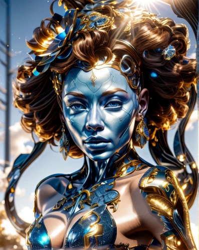 blue enchantress,neon body painting,medusa,bjork,bodypaint,avatar,golden mask,humanoid,tears bronze,fractalius,dryad,dark blue and gold,bodypainting,gold mask,gold paint stroke,aquarius,fantasy portrait,alien warrior,gemini,biomechanical