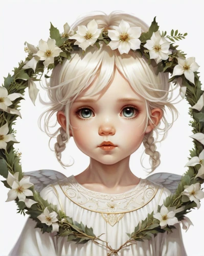 jessamine,linden blossom,flower girl,lily of the field,eglantine,blooming wreath,camellia,white lilac,floral wreath,white blossom,spring crown,girl in a wreath,flower fairy,lily of the desert,flower crown,child fairy,elven flower,white rose snow queen,little girl fairy,maiden anemone,Illustration,Abstract Fantasy,Abstract Fantasy 11