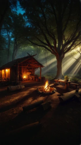 campfires,campsite,evening atmosphere,the cabin in the mountains,log cabin,night scene,campfire,house in the forest,log home,campground,wooden hut,home landscape,log fire,fantasy picture,camp fire,landscape background,summer cottage,small cabin,camping,landscape lighting
