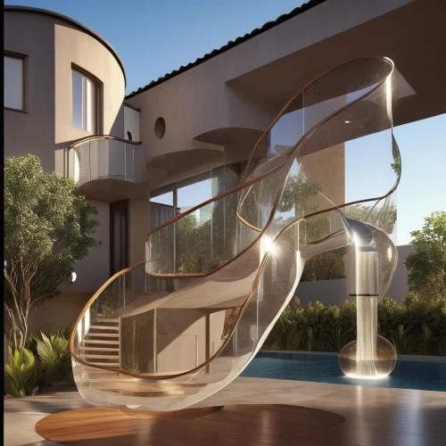 circular staircase,3d rendering,winding staircase,modern architecture,wrought iron,futuristic architecture,modern house,spiral staircase,outside staircase,water stairs,luxury property,jewelry（architecture）,spiral stairs,glass facade,contemporary,staircase,beautiful home,structural glass,frame house,patio heater,Photography,General,Realistic