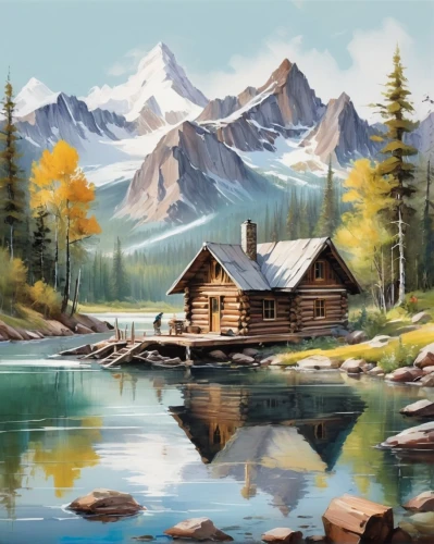 log cabin,the cabin in the mountains,house in mountains,house with lake,log home,home landscape,landscape background,house in the mountains,mountain scene,summer cottage,mountain hut,small cabin,cottage,mountain landscape,salt meadow landscape,world digital painting,mountain huts,mountain settlement,mountain lake,church painting,Illustration,Paper based,Paper Based 11