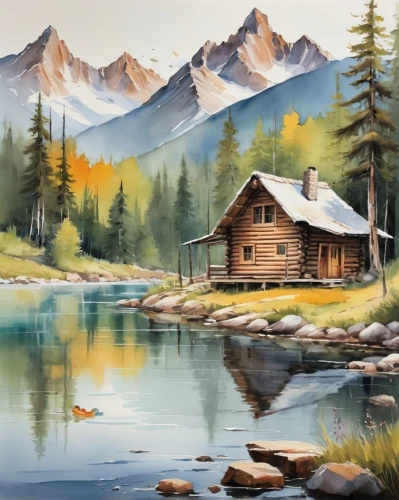 home landscape,house in mountains,the cabin in the mountains,log cabin,landscape background,church painting,summer cottage,painting technique,house with lake,mountain scene,house in the mountains,cottage,salt meadow landscape,small cabin,oil painting on canvas,mountain landscape,oil painting,fall landscape,mountain hut,log home,Illustration,Paper based,Paper Based 11