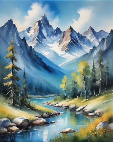 mountain scene,mountain landscape,salt meadow landscape,landscape background,mountainous landscape,nature landscape,natural landscape,forest landscape,high landscape,mountain meadow,landscape mountains alps,panoramic landscape,painting technique,meadow landscape,river landscape,landscape,landscape nature,mountain range,autumn mountains,mountain valley,Illustration,Paper based,Paper Based 11