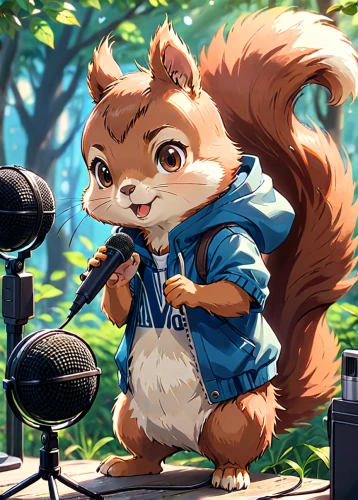 singing,radio set,musical rodent,conker,announcer,singer,radio,student with mic,mic,disc jockey,microphone,musician,listening to music,sound engineer,squirell,broadcasting,sound recorder,radio cassette,radio active,recoding,Anime,Anime,Realistic
