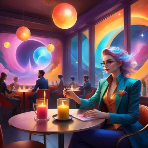 retro diner,transistor,woman at cafe,diner,sci fiction illustration,neon coffee,donut illustration,neon cocktails,the coffee shop,cg artwork,ice cream parlor,neon drinks,teacups,a restaurant,waitress,ball fortune tellers,women at cafe,world digital painting,soda shop,chinese restaurant