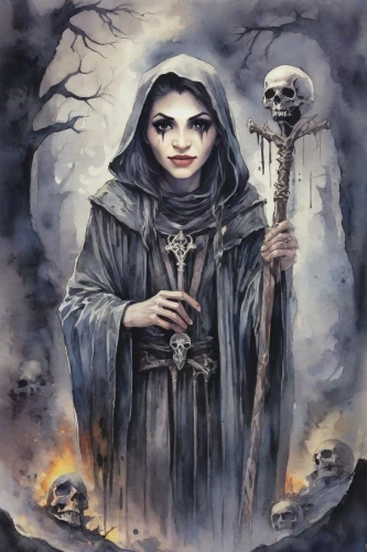 gothic portrait,gothic woman,grim reaper,sorceress,dance of death,priestess,the witch,maiden,evil woman,nun,angel of death,the nun,goth woman,grimm reaper,death god,la catrina,death's-head,vampira,priest,la calavera catrina,Digital Art,Watercolor