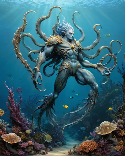 god of the sea,sea devil,merfolk,sea god,mergus,merman,marine animal,sea man,water creature,sea animal,poseidon,kraken,marine life,sea life underwater,under sea,marine biology,underwater background,undersea,deep sea,sea-life,Illustration,Realistic Fantasy,Realistic Fantasy 05