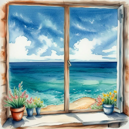 window with sea view,ocean view,bedroom window,seaside view,ocean background,window view,window,watercolor frame,sea view,watercolor background,window front,window to the world,the window,window sill,sea landscape,beach view,sicily window,glass window,front window,windowsill,Illustration,Paper based,Paper Based 25