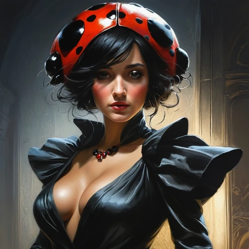 lady bug,queen of hearts,ladybug,ladybird,pin ups,black widow,two-point-ladybug,retro pin up girl,pin-up girl,pin up girl,steampunk,valentine pin up,ladybugs,black hat,valentine day's pin up,fantasy woman,fantasy art,femme fatale,safety helmet,pinup girl,Conceptual Art,Fantasy,Fantasy 12