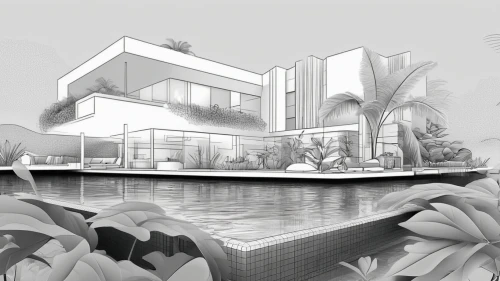 house by the water,3d rendering,tropical house,modern house,house drawing,beach house,modern architecture,house with lake,houseboat,dunes house,landscape design sydney,holiday villa,beachhouse,landscape designers sydney,residential house,mid century house,cube stilt houses,floating island,pool house,arq,Design Sketch,Design Sketch,Outline