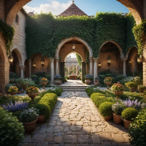 arches,monastery garden,alhambra,hacienda,hobbiton,merida,courtyard,dandelion hall,gardens,persian architecture,pergola,fairy tale castle,fairytale castle,oasis,manicured,rose arch,garden door,tuscan,garden buildings,the threshold of the house,Photography,General,Commercial