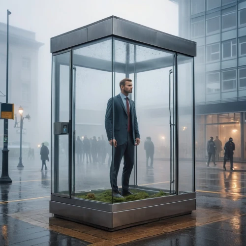 vitrine,will free enclosure,interactive kiosk,diorama,powerglass,botanical square frame,frosted glass pane,revolving door,thin-walled glass,glass pane,bus shelters,conceptual photography,modern office,dialogue window,cube surface,a black man on a suit,spy-glass,weatherman,digital compositing,terrarium,Photography,General,Realistic