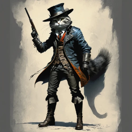 cat warrior,hatter,chasseur,napoleon cat,sheriff,musketeer,gentlemanly,guy fawkes,pirate,rocket raccoon,gamekeeper,raccoon,ranger,aristocrat,fox hunting,rorschach,renegade,grey fox,suit of spades,color rat,Conceptual Art,Fantasy,Fantasy 12