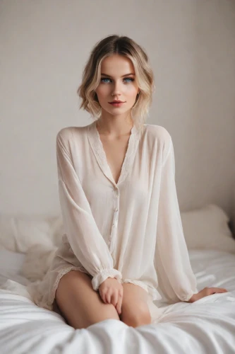 girl in bed,bed,pajamas,woman on bed,pjs,white shirt,romantic look,nightgown,pj,pale,elegant,white clothing,cardigan,cotton top,in a shirt,social,female model,model,short blond hair,white silk,Photography,Natural