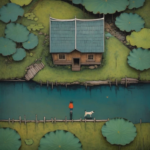 house with lake,floating huts,japan landscape,lonely house,small house,inverted cottage,cottage,boathouse,little house,summer cottage,studio ghibli,home landscape,houseboat,house in the forest,house by the water,ryokan,fishing float,ricefield,fisherman's house,wooden house,Art,Artistic Painting,Artistic Painting 49