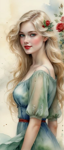jessamine,fairy tale character,watercolor women accessory,eglantine,faery,rosa 'the fairy,rose flower illustration,celtic woman,fantasy portrait,white rose snow queen,faerie,mystical portrait of a girl,wild roses,elven flower,girl in flowers,world digital painting,yellow rose background,fantasy art,portrait background,rosa ' the fairy,Illustration,Paper based,Paper Based 11