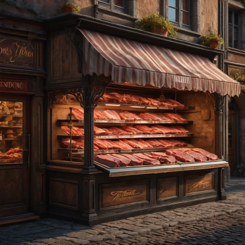 butcher shop,bakery,bayonne ham,pâtisserie,meat counter,friterie,pastry shop,french confectionery,bakery products,smoked fish,viennoiserie,paris shops,awnings,meat products,viennese cuisine,store fronts,medieval market,storefront,french digital background,cured meat,Photography,General,Fantasy