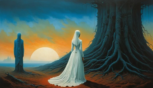 dance of death,ghost forest,druids,pall-bearer,priestess,girl with tree,dead bride,idyll,fantasy picture,sun bride,solstice,dryad,secret garden of venus,summer solstice,the girl next to the tree,pilgrimage,mysticism,barren,forest of dreams,steve medlin,Art,Artistic Painting,Artistic Painting 06