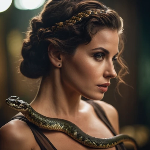 snake charming,cleopatra,princess leia,braid,boa constrictor,kingsnake,serpent,anaconda,python,snake charmers,ancient egyptian girl,celtic queen,diadem,athena,rat snake,king cobra,snake,gorgon,emperor snake,carpet python,Photography,General,Cinematic