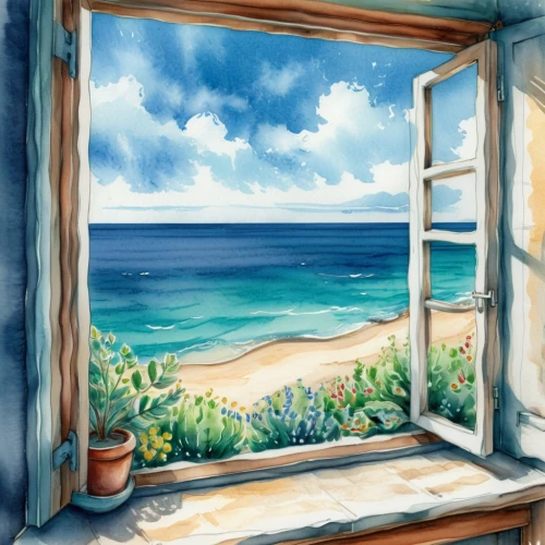 window with sea view,ocean view,seaside view,watercolor background,window,window view,window to the world,bedroom window,watercolor frame,sea view,ocean background,beach landscape,the window,sea landscape,window front,window seat,open window,beach view,beach scenery,watercolour frame,Illustration,Paper based,Paper Based 25