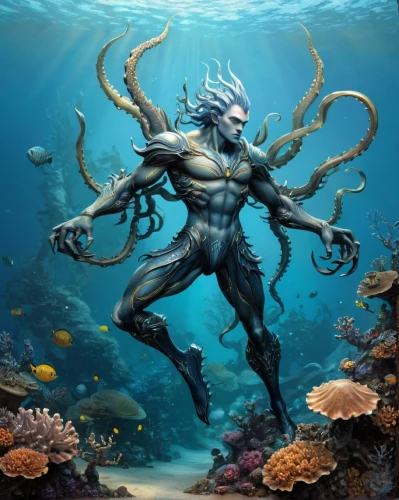 sea god,god of the sea,poseidon,merfolk,merman,aquaman,sea man,sea devil,mergus,coral guardian,scuba,poseidon god face,underwater background,divemaster,triton,water creature,marine biology,deep sea,ocean floor,under sea,Illustration,Realistic Fantasy,Realistic Fantasy 05