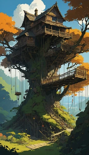 treehouse,tree house,ancient house,hanging houses,asian architecture,hanging temple,mountain settlement,roof landscape,house in mountains,tree house hotel,japan landscape,ancient city,bird's nest,house in the mountains,pagoda,japanese architecture,chinese temple,floating island,sky apartment,studio ghibli,Conceptual Art,Sci-Fi,Sci-Fi 01