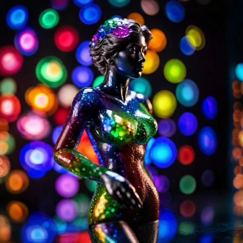 neon body painting,woman sculpture,glass yard ornament,decorative figure,disco,bokeh,colorful glass,artist's mannequin,colored lights,plastic arts,statuette,3d figure,prismatic,bokeh lights,metal figure,sculpture,light of art,colorful light,background bokeh,stained glass