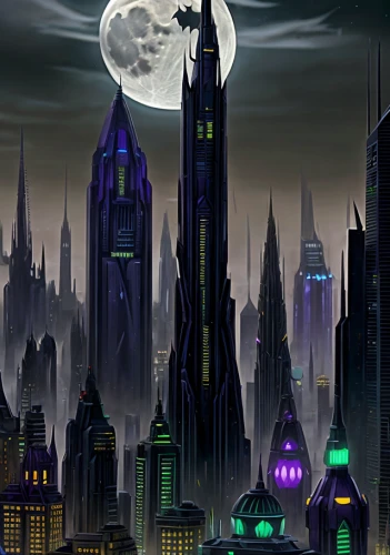 black city,halloween background,fantasy city,lantern bat,sci fiction illustration,city skyline,halloween poster,city at night,cartoon video game background,spawn,high-rises,superhero background,tall buildings,futuristic landscape,nightshade family,metropolis,world digital painting,city scape,sky city,cityscape