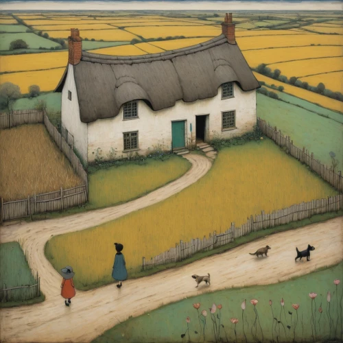 thatched cottage,carol colman,country cottage,cottages,yellow grass,grant wood,olle gill,farm landscape,brook avens,farmhouse,farmyard,gable field,cottage garden,straw field,rural landscape,thatch roof,thatching,cottage,home landscape,dorset,Art,Artistic Painting,Artistic Painting 49