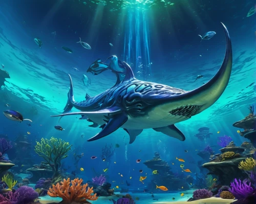 underwater background,marine reptile,aquarium decor,mermaid background,underwater world,aquatic animals,god of the sea,under the sea,manta,dolphin background,coelacanth,bronze hammerhead shark,aquarium,aquarium inhabitants,under sea,sea life underwater,marine animal,thunnus,ocean background,manta ray,Illustration,Realistic Fantasy,Realistic Fantasy 20