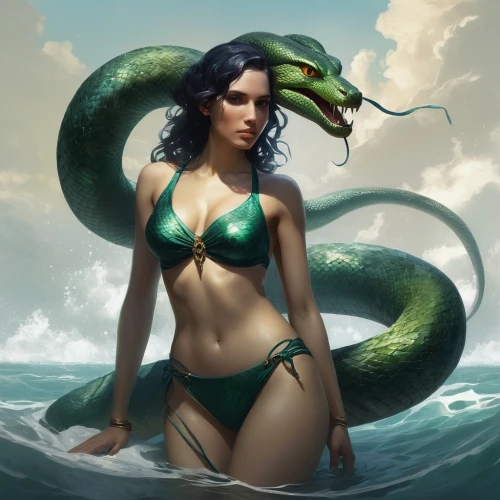 medusa,beach snake,medusa gorgon,sea snake,water snake,merfolk,green snake,anahata,siren,serpent,crocodile woman,anaconda,gorgon,green mamba,fantasy art,emerald lizard,tentacle,snake charming,the sea maid,green dragon,Conceptual Art,Fantasy,Fantasy 11