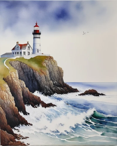 crisp point lighthouse,lighthouse,light house,point lighthouse torch,light station,electric lighthouse,maine,red lighthouse,battery point lighthouse,petit minou lighthouse,portland head light,coastal landscape,nubble,pigeon point,watercolor painting,watercolor,church painting,watercolor background,seascape,sea landscape,Illustration,Paper based,Paper Based 15