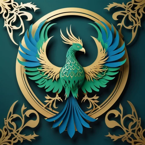 ornamental bird,an ornamental bird,peacock,dove of peace,garuda,coat of arms of bird,heraldic,teal digital background,gryphon,heraldic animal,art nouveau design,prince of wales feathers,blue and gold macaw,green bird,phoenix rooster,decoration bird,quetzal,heraldic shield,art deco ornament,peafowl,Unique,Paper Cuts,Paper Cuts 04