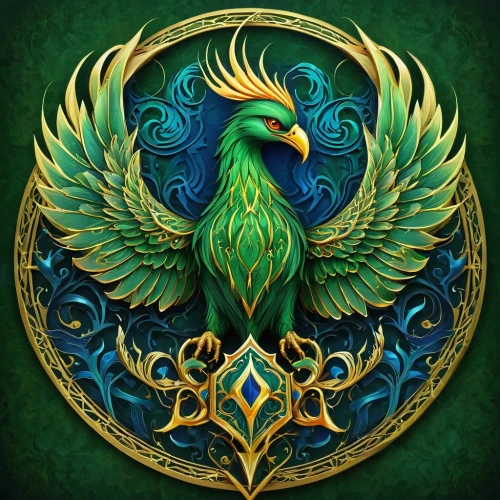 gryphon,phoenix rooster,green bird,green dragon,quetzal,argus,blue and gold macaw,ornamental bird,peacock,emblem,araucana,harpy,garuda,coat of arms of bird,crest,an ornamental bird,heraldic,caique,aves,eagle illustration,Illustration,Realistic Fantasy,Realistic Fantasy 45