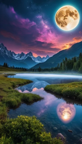 fantasy landscape,fantasy picture,planet alien sky,alien planet,hanging moon,celestial phenomenon,alien world,phase of the moon,landscape background,moonrise,moon in the clouds,lunar landscape,valley of the moon,heaven lake,mystical,moonscape,epic sky,celestial body,celestial object,celestial bodies,Photography,General,Realistic