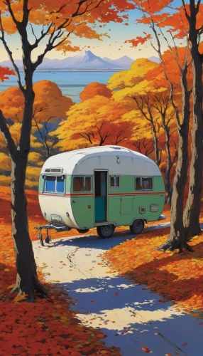 autumn camper,travel trailer poster,campervan,camper,campground,campsite,camper on the beach,travel trailer,caravanning,motorhomes,recreational vehicle,camping bus,motorhome,autumn scenery,autumn idyll,small camper,camping car,camper van isolated,buffalo plaid caravan,autumn landscape,Illustration,Japanese style,Japanese Style 14