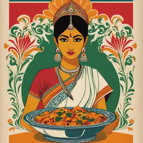 lakshmi,maharashtrian cuisine,indian cuisine,south indian cuisine,dosa,tamil food,sari,indian food,sri lankan cuisine,rajasthani cuisine,masala,pongal,indian woman,jaya,bengalenuhu,indian chinese cuisine,indian art,indian festival,rangoli,hindu,Illustration,Retro,Retro 04