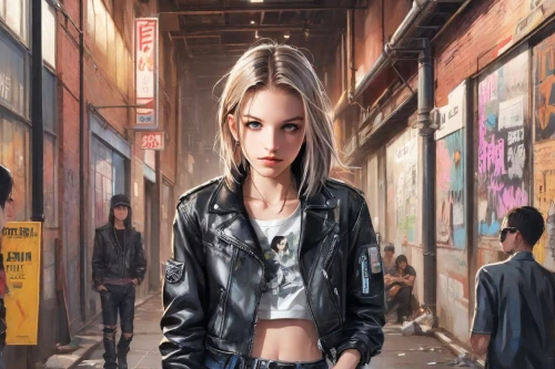 punk,anime japanese clothing,leather jacket,girl in a long,girl walking away,world digital painting,fashion street,fashionable girl,grunge,blonde girl,the girl at the station,teens,blond girl,the girl's face,cyberpunk,young woman,street fashion,girl with speech bubble,street life,teen,Digital Art,Anime