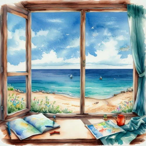 window with sea view,watercolor background,ocean view,beach scenery,seaside view,ocean background,beach landscape,seaside country,sea-shore,summer day,watercolor frame,beach view,open sea,sea view,dream beach,beach background,sea landscape,by the sea,sun and sea,sea ocean,Illustration,Paper based,Paper Based 25