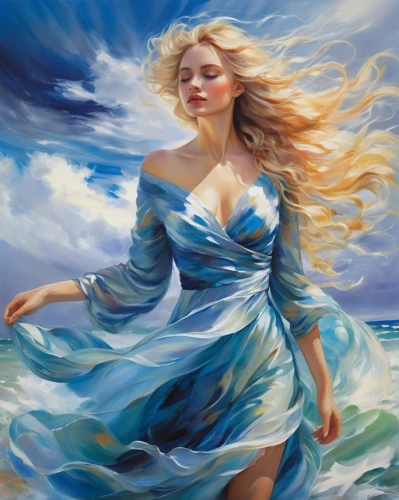 the wind from the sea,wind wave,little girl in wind,sea breeze,blue painting,the sea maid,windy,wind,wind machine,winds,ocean blue,ocean waves,blue enchantress,blue waters,gracefulness,celtic woman,sea landscape,flowing,blue background,ocean background,Illustration,Paper based,Paper Based 11