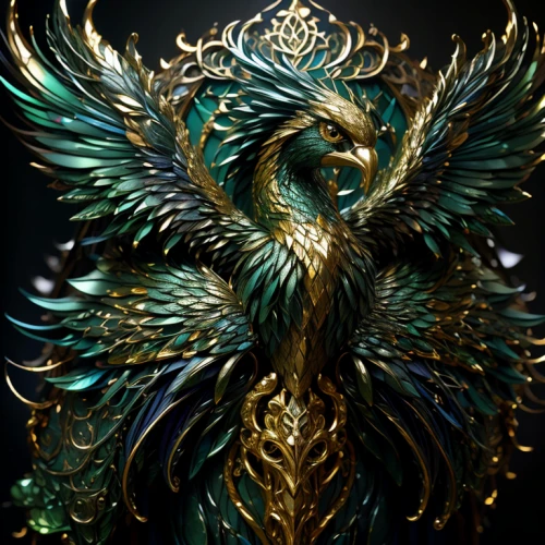 garuda,peacock,archangel,fairy peacock,patung garuda,filigree,ornate,cleanup,green dragon,caduceus,baroque angel,gold filigree,amano,golden dragon,firebird,basilisk,malachite,an ornamental bird,the archangel,dragon design