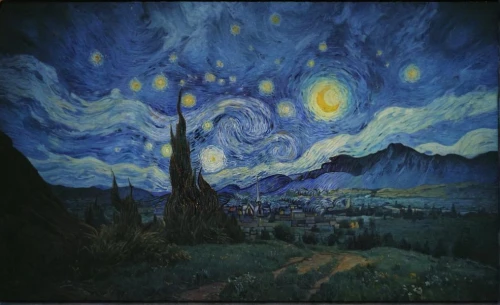 starry night,vincent van gogh,vincent van gough,night scene,the night sky,starry sky,night sky,fantasy picture,fantasy art,valley of the moon,post impressionism,nightsky,art painting,astronomer,astronomy,northen light,jupiter moon,starscape,moon valley,herfstanemoon