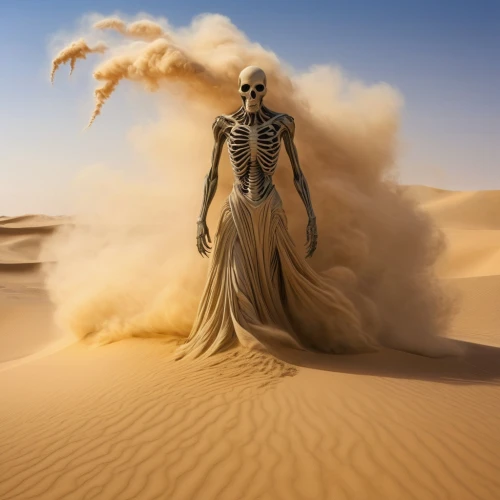 dance of death,dead bride,burning man,sandstorm,vintage skeleton,skeletal,sand timer,angel of death,capture desert,skeletal structure,day of the dead skeleton,mummified,death god,danse macabre,admer dune,human skeleton,dead vlei,grim reaper,reaper,voodoo woman,Illustration,American Style,American Style 08