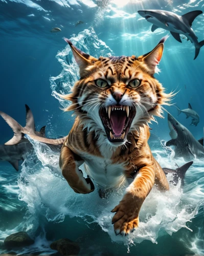 tiger shark,wild cat,tiger cat,sea animal,marine animal,aquatic animal,sea animals,toyger,aquatic animals,god of the sea,animal feline,wild animal,amurtiger,underwater world,animal photography,fish in water,animals hunting,sea life underwater,tigerle,photoshop manipulation