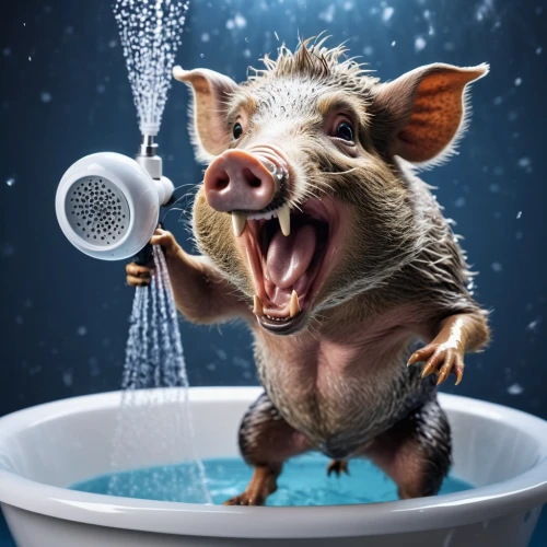 domestic pig,pig,musical rodent,pot-bellied pig,shower head,suckling pig,teacup pigs,mini pig,brush ear pig,warthog,wild boar,anthropomorphized animals,porker,swine,water bath,hoglet,washing drum,kawaii pig,funny animals,hygiene,Photography,General,Realistic