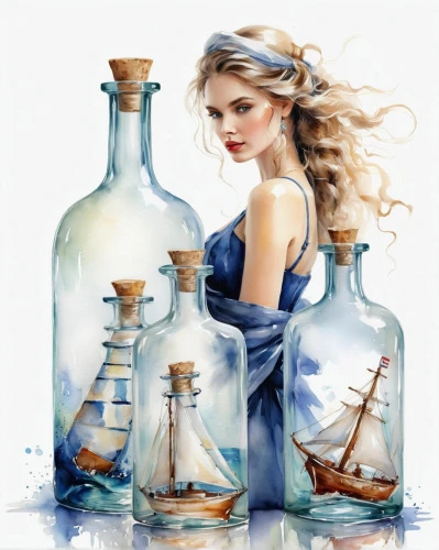 perfume bottles,message in a bottle,glass painting,the sea maid,perfumes,glass jar,waterglobe,sandglass,perfume bottle,sailing ships,seafaring,sailing ship,oils,glass bottles,sail ship,potions,sea sailing ship,creating perfume,bottled water,bottles,Illustration,Paper based,Paper Based 11