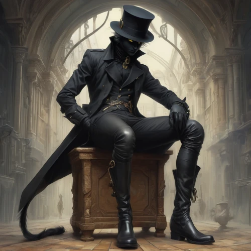 gentlemanly,aristocrat,top hat,suit of spades,steampunk,black hat,hatter,ringmaster,trample boot,masquerade,stovepipe hat,guy fawkes,stetson,bellboy,victorian style,gentleman,musketeer,gentleman icons,watchmaker,magistrate,Conceptual Art,Fantasy,Fantasy 01