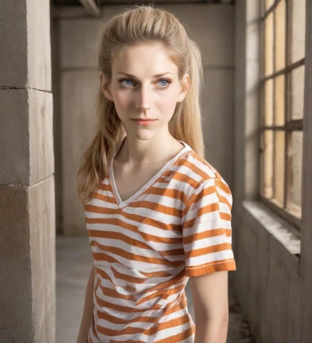 girl in t-shirt,horizontal stripes,liberty cotton,striped background,stripes,striped,stripe,magnolieacease,blond girl,pin stripe,poppy,paleness,blonde girl,madeleine,mime,female model,concrete background,orange color,menswear for women,vintage girl,Photography,Realistic