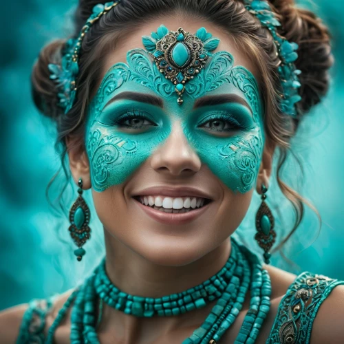 venetian mask,turquoise,genuine turquoise,color turquoise,blue enchantress,maori,masquerade,face paint,teal blue asia,indian headdress,indian bride,peacock eye,blue peacock,headdress,moana,fairy peacock,polynesian girl,turquoise wool,woman face,ethnic dancer,Photography,General,Fantasy